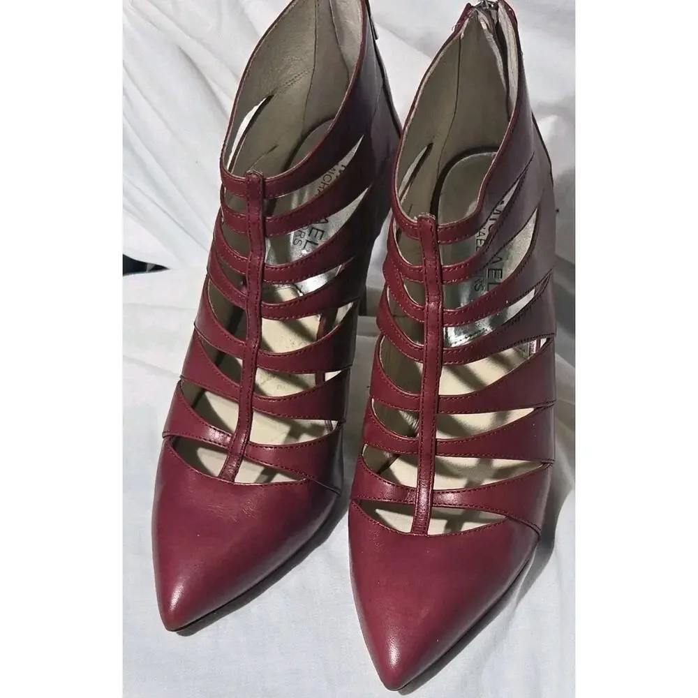 Michael Kors Red Leather Strappy Heels Pointed Toe Zip Back Women 8M.